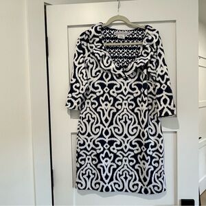 Gretchen Scott Designs Navy and White Ikat Dress classic ruffle spandex